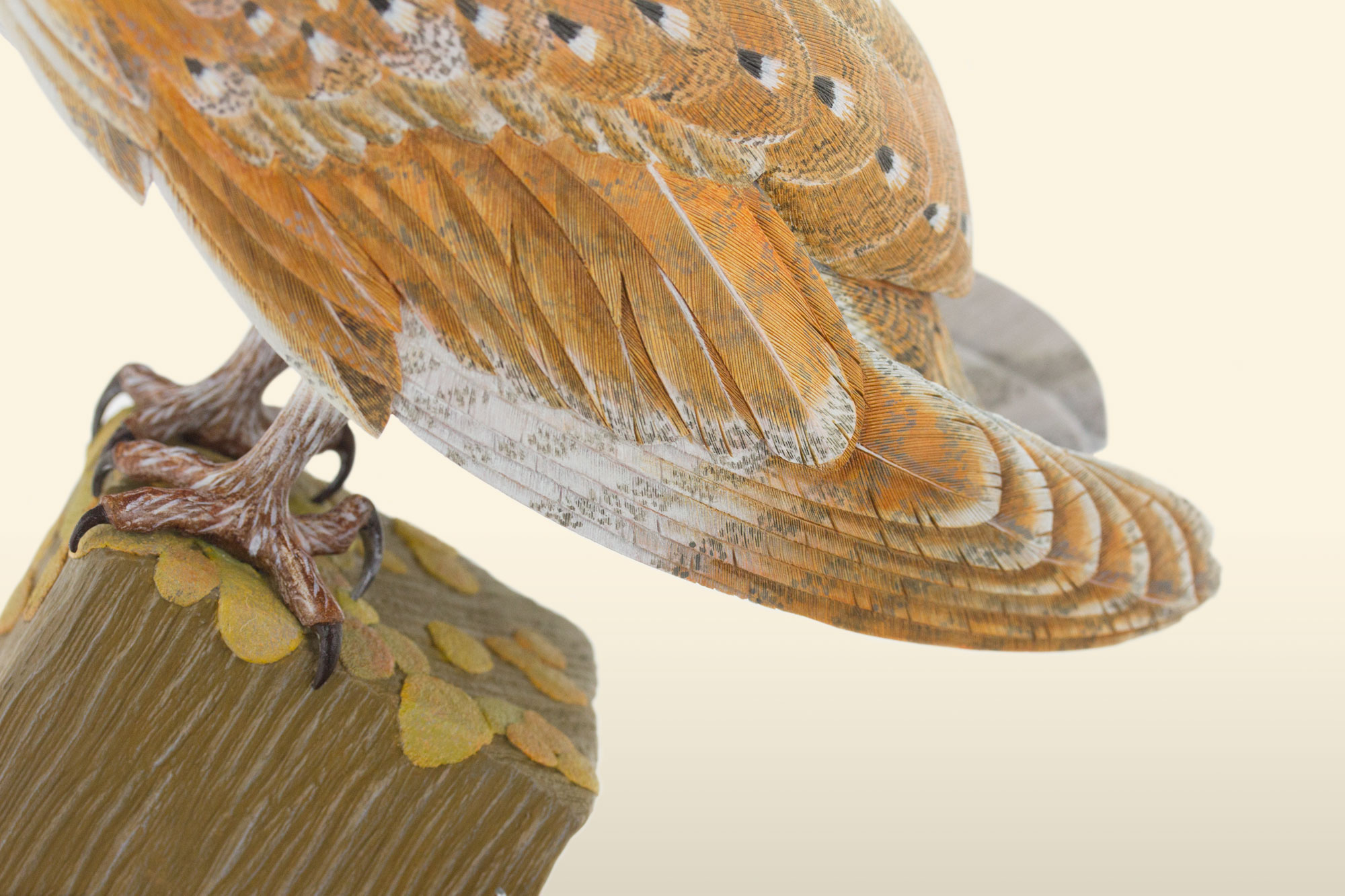 Barn owl bird carving, feather detail, by Feathercarver David Patrick-Brown