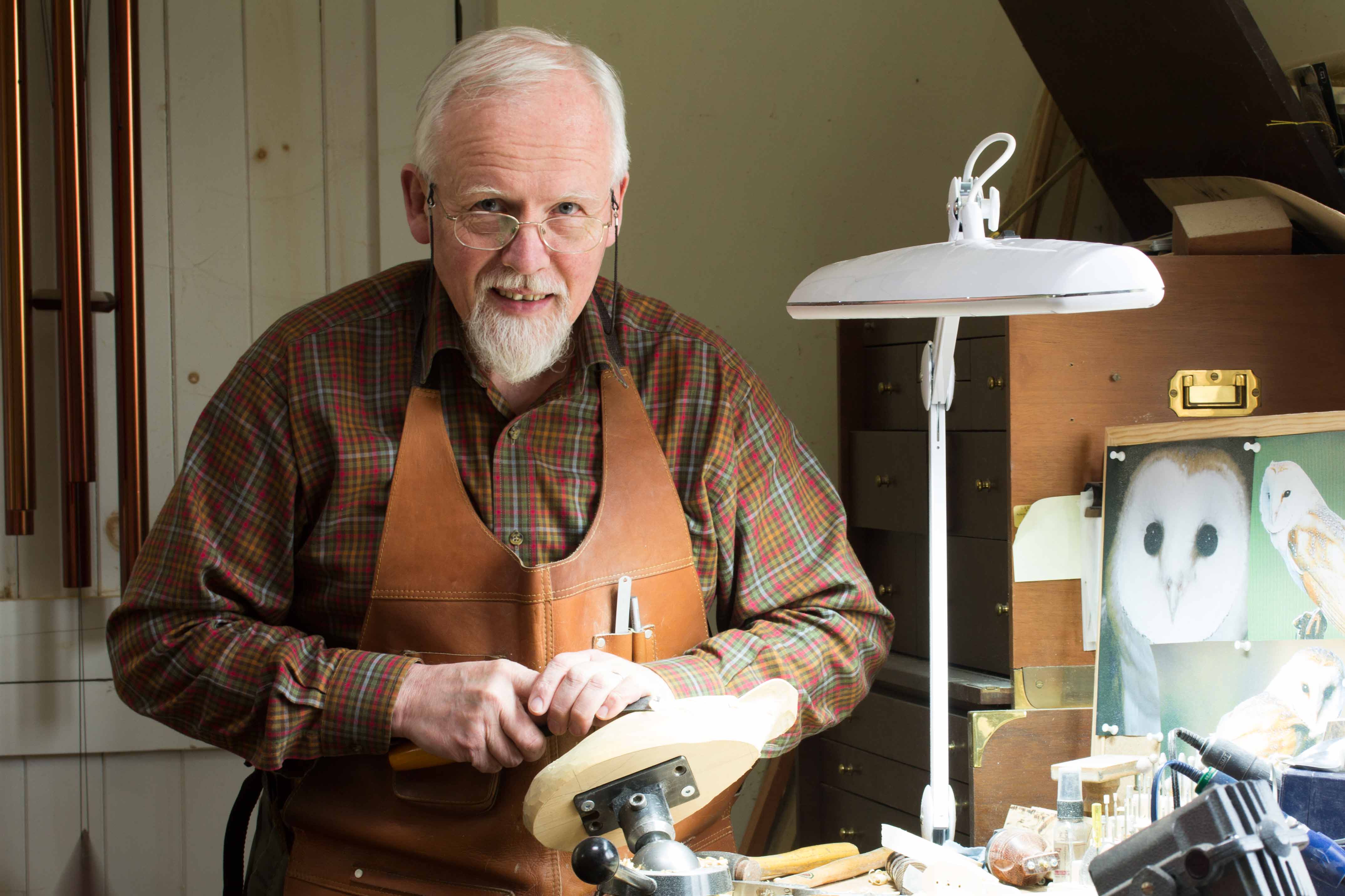 Feathercarver David Patrick-Brown in his workshop