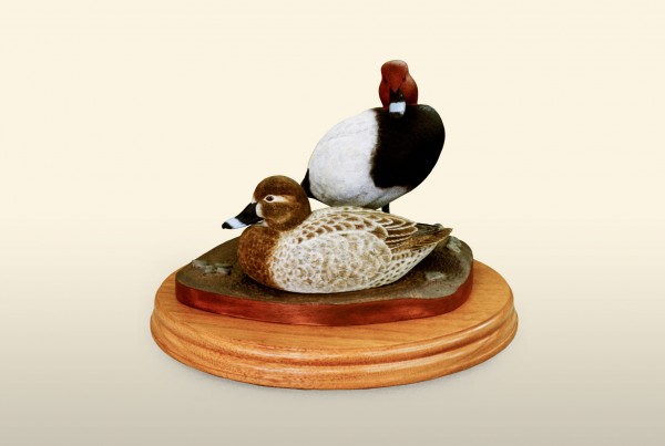 Pochard pair front view bird wood carving by Feathercarver David-Patrick-Brown