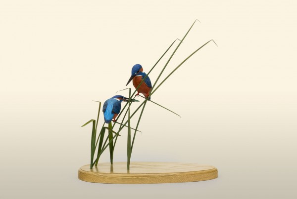 Kingfisher Pair with fish front view bird wood carving by Feathercarver David Patrick-Brown