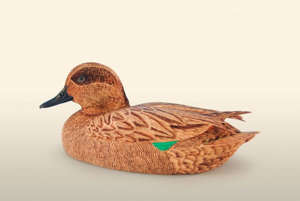 Teal Drake unpainted left view bird wood carving by Feathercarver David Patrick-Brown